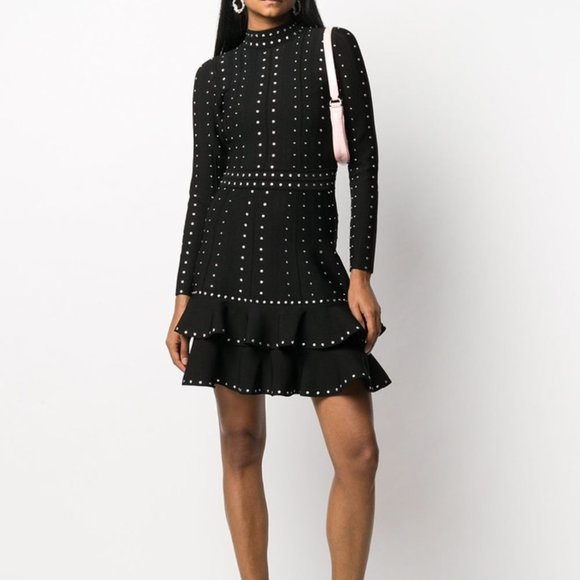 sandro asya studded knit dress Studded Fit and Flare Ruffle Flounce Sweater Dress Black